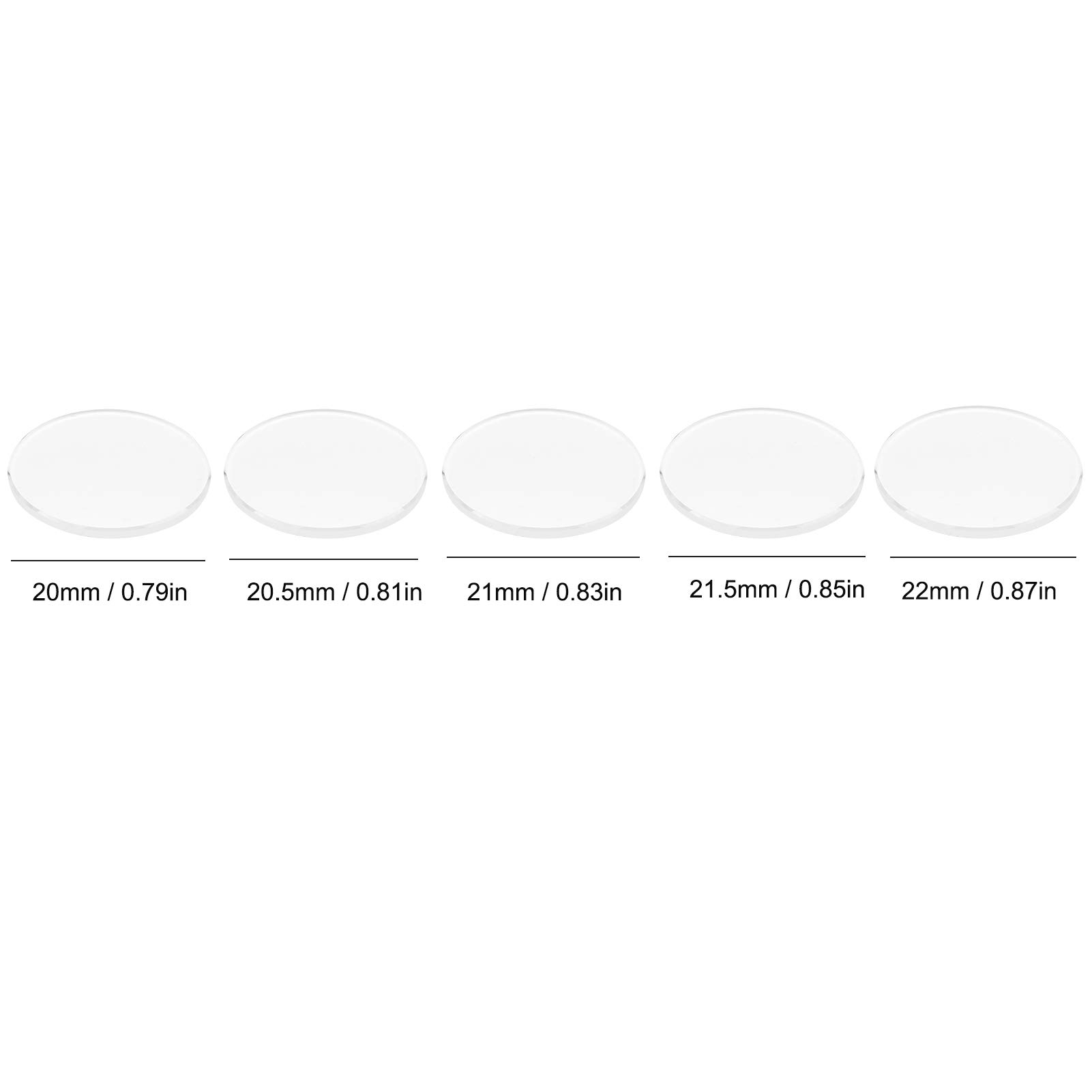5-teiliges Saphir-Kristallglas, doppelt gewölbtes Uhrenglas-Set, rundes Uhrenglas, Ersatz, 20 mm, 20,5 mm, 21 mm, 21,5 mm, 22 mm Durchmesser, 1,2 mm Dicke, für Uhrmacher-Reparatur