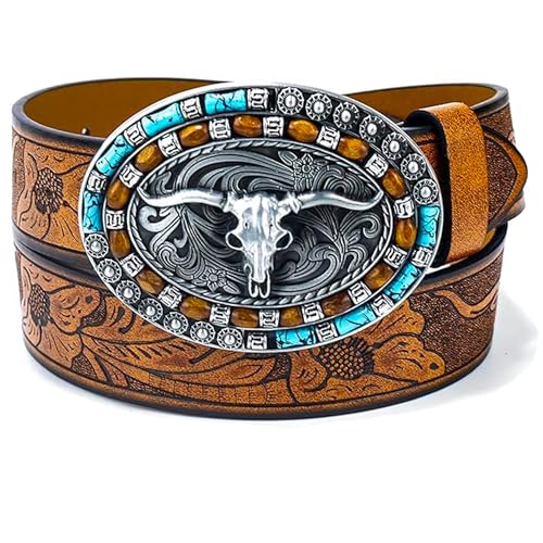 Western Longhorn Bull Embossed Genuine Leather Belt with Turquoise Buckle, 1.5