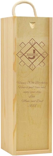 Personalised Wooden Champagne Box Engraved Gift Printed Square Initial Rustic Rope Handle Lid