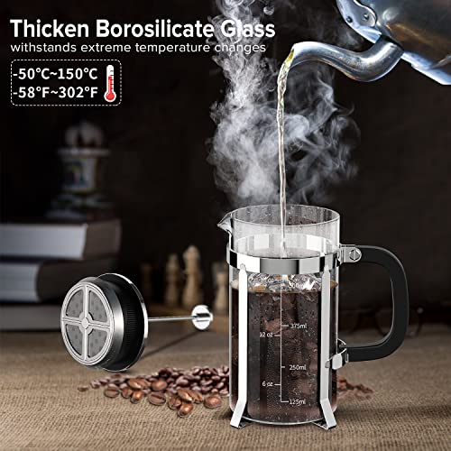 QUQIYSO French Press Coffee Maker 304 Stainless Steel French Press with 4 Filter, Heat Resistant Durable, Easy to Clean, Borosilicate Glass Coffee Press, 100% BPA Free Glass Teapot, 21 ounce, Silver