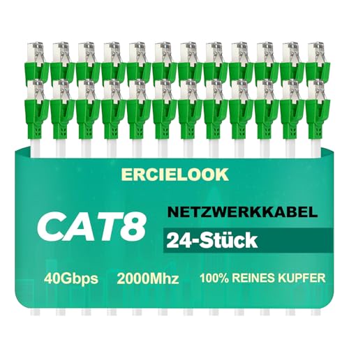 Ercielook Cat 8 Câble Ethernet 0,15m 24 Pièces - Longueur totale (connecteurs inclus) - Câble réseau Cat8 haut débit 40 Gbit/s - Pour salle serveur et...