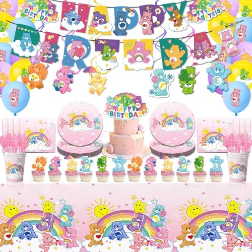 121 Pcs Cute Bear Birthday Party Supplies Decorations Set with Tablecloth,Plates,Napkins, Banner, Balloons, Hanging Swirls, Cake Cupcake Toppers,Knife,Fork ,Spoon for Care cute Bear Theme Party