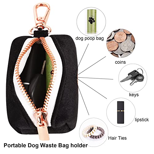Image of ARING PET Dog Waste Bag Dispenser, Soft Black Doggy Poop Bags Holders Attach to Any Leashes, Velvet Portable Washable Pet Waste Pouch Dispenser with Metal Zipper