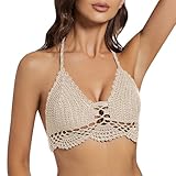 SYNEELIFE Women Crochet Top Bralette Knit Bra Bikini Beach Halter Tops Boho Beach Crochet Camisole Vacation Cream L