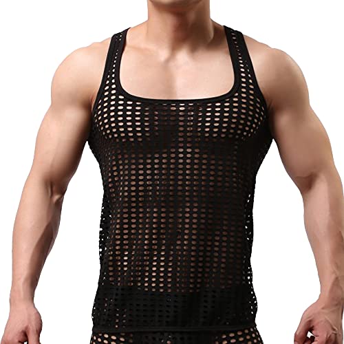 52hertz Men's Fishnet Tank Top Mesh Sheer Undershirt See Through Muscle Tee Shirt Don't Including Underpants