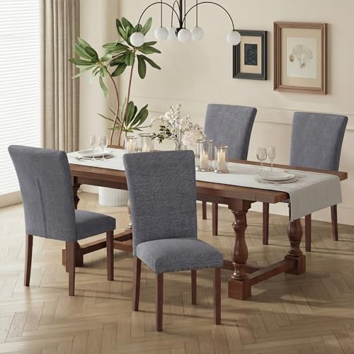 Image of COLAMY Upholstered Parsons Dining Chairs Set of 4, Fabric Dining Room Kitchen Side Chair with Nailhead Trim and Wood Legs - Dark Grey