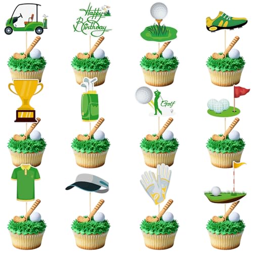 48 Pack Golf Cupcake Toppers Golf Shoes Bag Cupcake Ball Carts Trophy Lawn Picks For Kids Spores Theme Baby Shower Birthday Party Decoration Supplies ﻿
