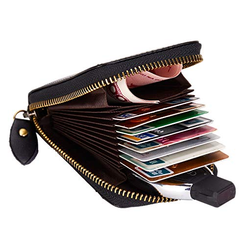 Image of Vintage Handmade Full Leather Front Pocket Wallet RFID Blocking Multi Card Case with Zipper Pocket for Men Women with Box Packing (Black)