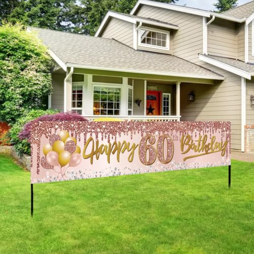 Image of Excelloon 60th Birthday Banner Decorations for Women | Pink Rose Gold Happy 60 Birthday Yard Banner Party Supplies, 60 Year Old Bday Background Sign for Outdoor Indoor