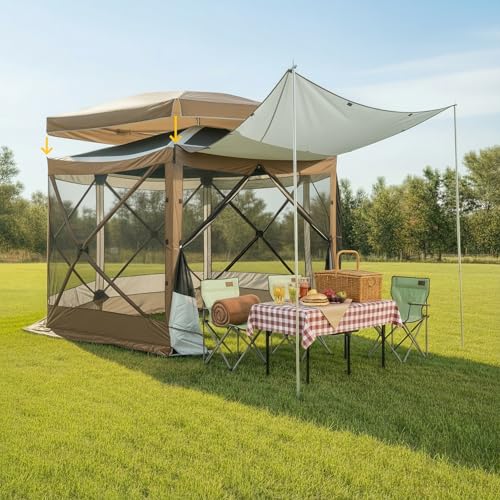 Image of COBIZI 12x12 FT Pop Up Canopy Extendable Tent, Gazebos On Clearance, Screened in Gazebo,Screen Tents Portable carpas para Patio for Outdoor Camping,Backyard, Garden, Khaki(Upgraded)