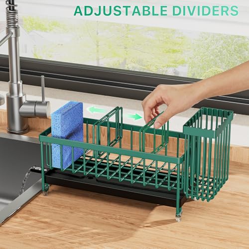 Image of Cisily Sponge Holder for Kitchen Sink, Sink Caddy Organizer with High Brush Holder, Kitchen Countertop Organizers and Storage Essentials, Rustproof 304 Stainless Steel (Dark Green, 9.25″)