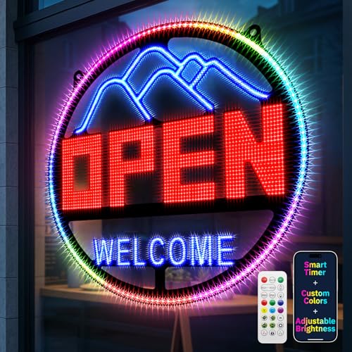 16'' × 16'' Open Signs for Business, Extra Bright LED Open Sign with APP & Remote Control, DIY Colors, Timer, 48 Flashing Modes, Adjustable Brightness & Speed, for Storefront Window or Glass Door by Katemily - Used condition - US$69.84