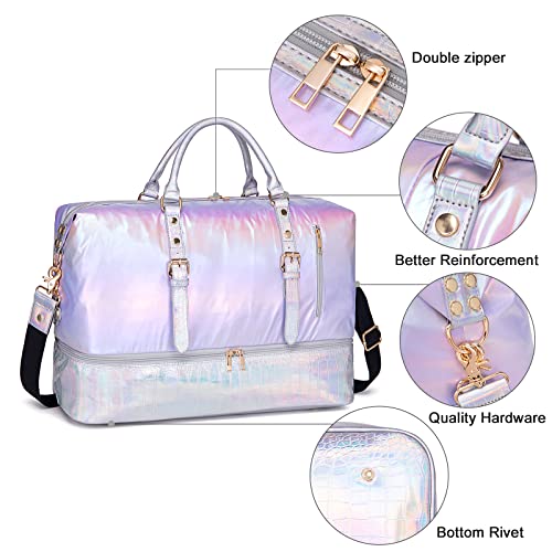 Image of CAMTOP Travel Duffle Bag Women Men Waterproof Shoulder Weekender Overnight Carryon Bag Sports Tote Gym Bag with Shoe Pocket and Trolley Sleeve, Purple