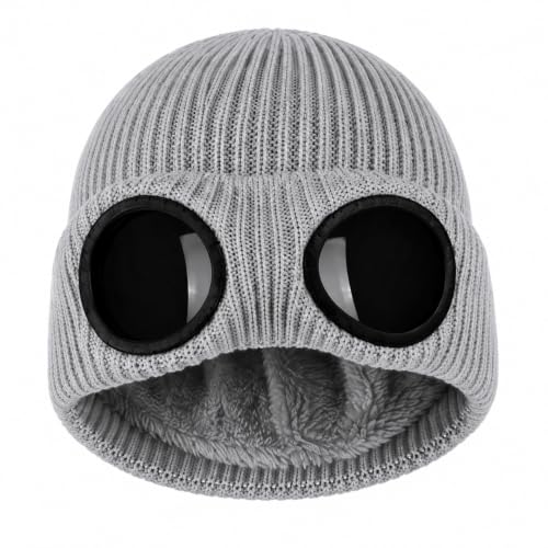 MansWill Winter Beanie Hat with Removable Goggles for Men & Women Grey