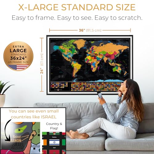XL Scratch Off World Map with 233 Flags – 36 x 24 Scratch Off Map of The World + Scratch Off USA Map – Easy to Frame World Scratch Off Map + Tools – Travel Map Wall Poster - Deluxe Gift for Travelers (BLACK)