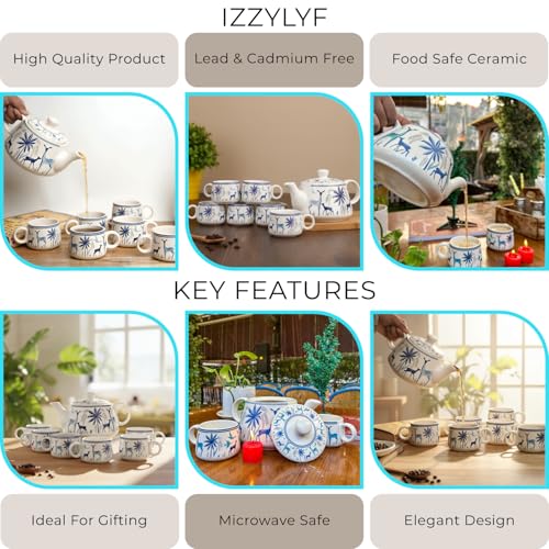 Image of 'Blue Deer' Premium Ceramic Tea Cup Set with Kettle & 6 Cups | Floral Printed Ceramic Cup with Teapot | Handcrafted, Microwave & Dishwasher Safe | Tea Serving Set for Home, Office & Gifting