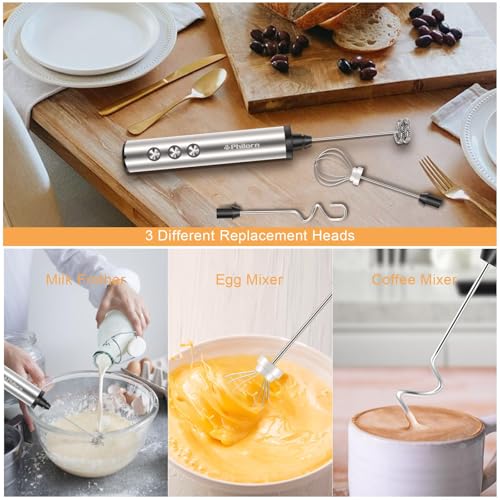 Image of Philorn Coffee Rechargeable Frother With Stand, Handheld Frother Wand for Coffee with 3 Heads 3 Speed, Drink Mixer Handheld Electric Stirrer for Latte, Cappuccino, Matcha, Almond Milk