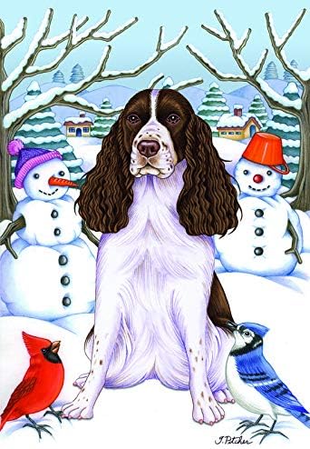 Best of Breed Springer Spaniel Liver/White - Tomoyo Pitcher Winter Scene House Flag. Flag is 28" x 40"