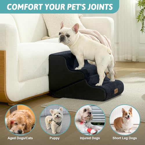 Image of COZY KISS Dog Stairs for Small Dogs, 3-Step 2-in-1 Dog Steps,15.7 inch H | 3-step dog stairs and ramps for Old Cats, Puppy, Small Dogs,Non-Slip Base,for Couch & Bed, Black