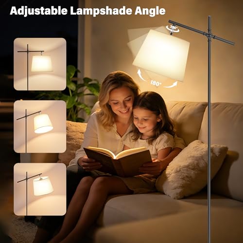 Image of SIBRILLE Floor Lamp with Linen Shade, Dimmable Tall Standing Lamp with Remote Control & 3 Color Temperatures Bulb, Modern Swing Arm Floor Lamps for Living Room Bedroom Office Corner