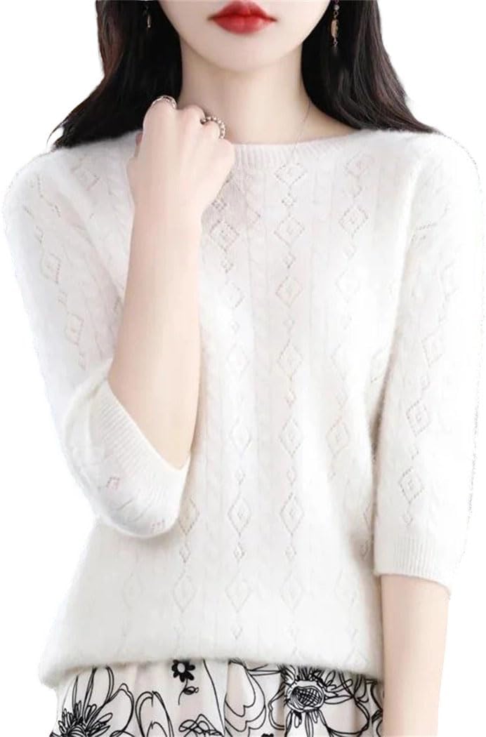 Women's Half Sleeve Crewneck Sweater Cropped Sleeve Hollow Solid Color Casual Blouse Lightweight Summer Knit Top