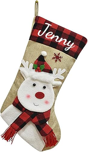 Dreamdecor Medias de Navidad personalizadas con nombre, 17.3 pulgadas, gnomo, calcetín de Navidad, arpillera, a cuadros, calcetines de Navidad,