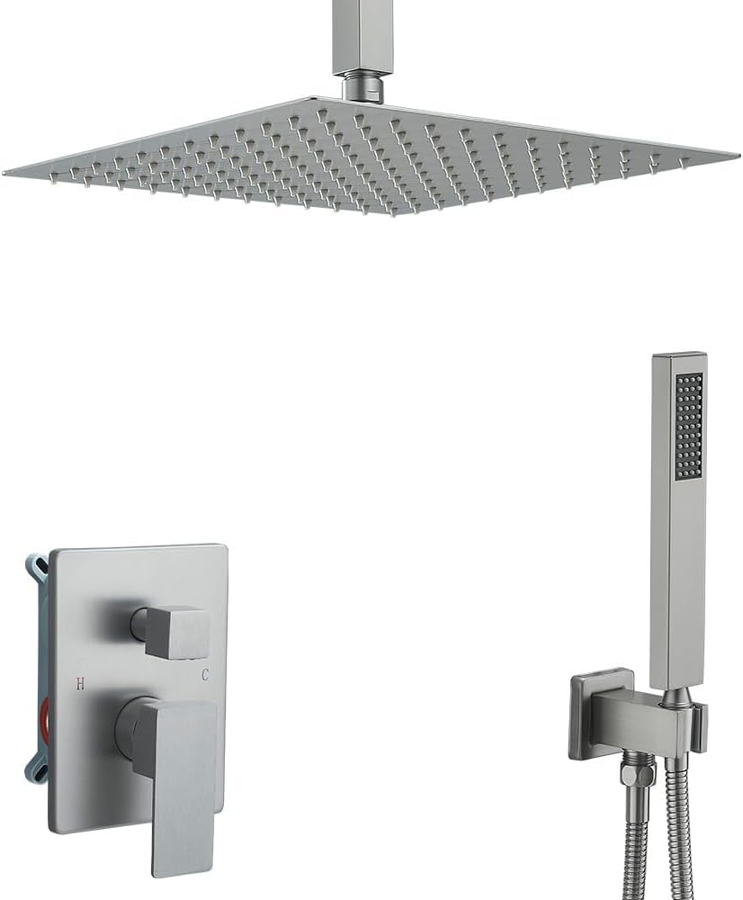 12 Inch Brushed Nickel Ceiling Mount Shower System Bathroom Luxury Rain Mixer Shower Combo Set Ceiling Rainfall Shower Head System Faucet Contain Rough-in Valve and Trim Included