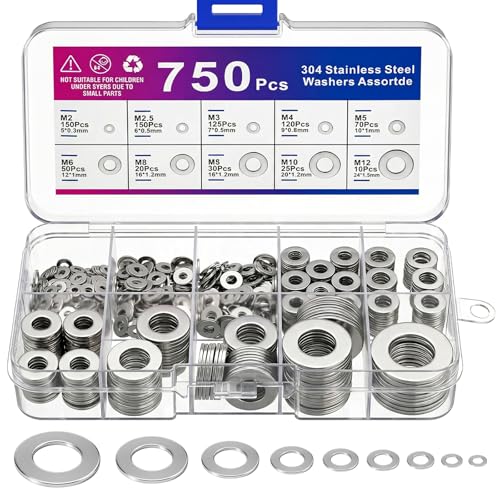 750 Pcs Inox Rondelles Plates Metal, Assortiment de Rondelles de Blocage, Rondelles Plates pour L'étanchéité des Vis Bagues D'étanchéité, 9 Tailles Rondelles (M2 M2,5 M3 M4 M5 M6 M8 M10 M12)