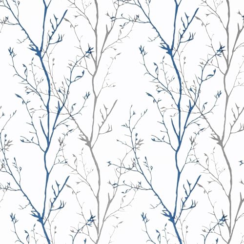 Image of KBR Elegant Blue & Grey Vine Branch Wallpaper (45 x 300 cm) - Nature Inspired Peel & Stick Self-Adhesive with Minimal Botanical Tree Pattern Roll for Living Room, Bedroom, Hallway & Office Decor