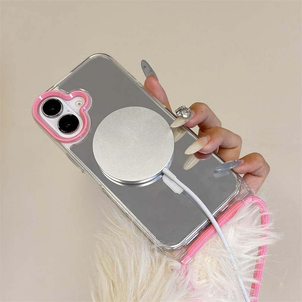 Naszyjnik Crossbody Smycz Lustrzane Magnetyczne Etui na Telefon Do iPhone 16 15 14 13 Pro Max Akrylowe Twarde PC Tylna Obudowa, Białe, Do iPhone 13Pro Max