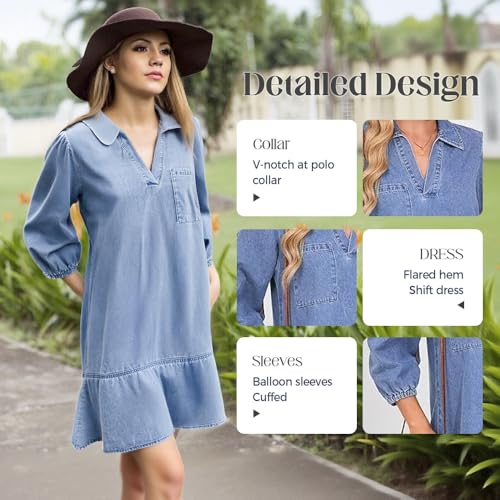 Women's V-Neck Denim Dress, A Line Mini Jean Dresses 3/4 Puff Sleeve Ruffle Loose Denim Layered Dress with Pockets4