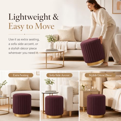 Image of Designer Velvet Round Footstool Ottoman with Sturdy Gold Metal Band Base for Home Decor & Extra Seating, Lightweight Pouf Stool for Sofa Side & Bedroom, 16x16x17 Inch (Coffee)