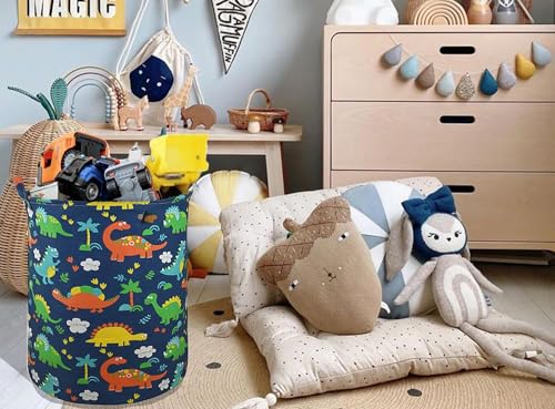 سلة غسيل بتصميم ديناصور للاطفال، سلة تخزين قماشية قابلة للطي ومقاومة للماء سعة 63 لتر مع مقابض، لون ازرق داكن للملابس وغرفة نوم الاطفال الاولاد وحضانة الاطفال وتخزين الالعاب، سلة هدايا لحفلات استقبال