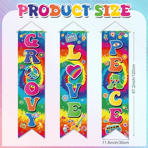 Image of Chiisong 3 Pieces 60s Party Decorations Groovy Love Peace Banners Hippie Porch Signs 1960s Hanging Wall Decor for Retro 60s Theme Party Scene Setters Photography Backdrop Decorations Supplies