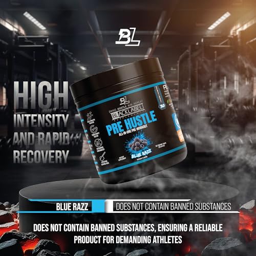 Image of BLACKLABEL Supplements PRE Hustle V3 Pre-Workout Powder - NSF Certified for Sport - Energy, Strength & Endurance Support - Blue Razz - with Creatine & Caffeine - 30 Servings