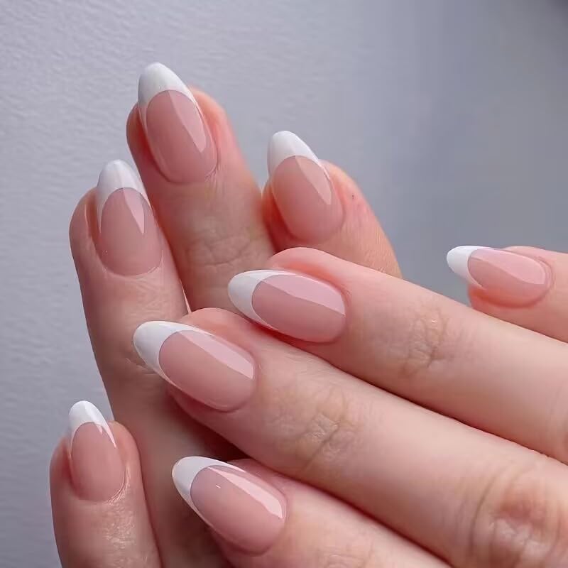 24Pcs French Tip Press on Nails Medium Almond Fake Nails White French Tip False Nails Glossy Daily Wear Artificial Nail Glue on Nails Acrylic Nails