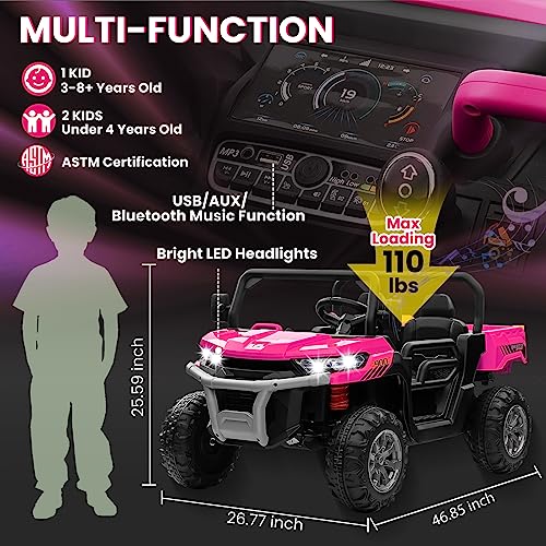 24V 4WD Ride on Truck Car w/4X200W Motor, Dump Bed, Gift Flower, 2 Seaters, Remote Control, 4 Wheeler, LED Light, Music, 24 Volt Battery Powered Ride on Toys for Big Kids Girls 3-8, Pink