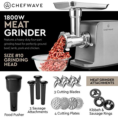 ChefWave Electric Meat Grinder - FDA Certified - Stainless Steel Heavy Duty 1800W Max 3-Speed - 4 Grinding Plates, 3 Cutting Blades, Vegetable Slicer, Tomato Juicer, Sausage Stuffer Tubes, Kibbeh Kit