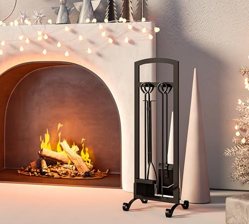 CALIDOLA 5 Pieces Fireplace Tool Set Stylish Simple Hearth Accessories with Poker, Tongs, Shovel, Brush,Black - Thumbnail 2
