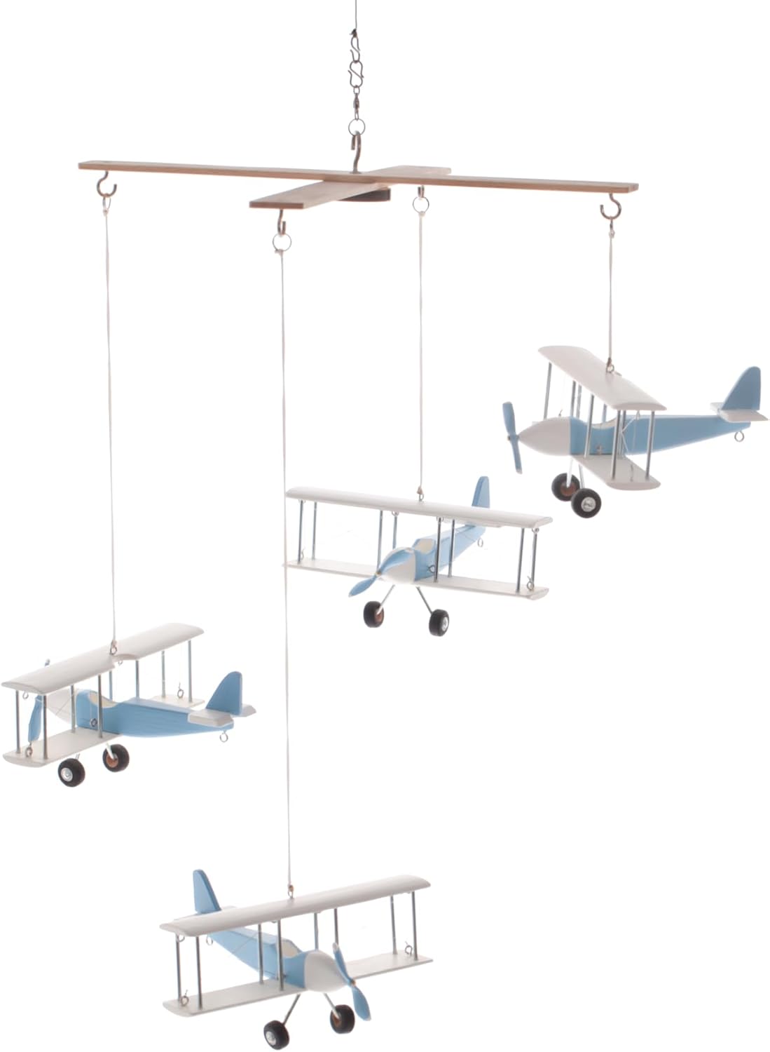 Hanging Mobile with Wooden Airplanes.Cute Hanging Decor for a Baby Boy's Nursery. Travel Theme Children's Hanging Decor. Sky Blue/Baby Blue Color.