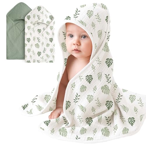Image of Coreeky Muslin Baby Hooded Towels 2 Pack – 32x32 Inch Soft Absorbent Cotton Bath Towels with Hanging Loop, for Newborns and Toddlers