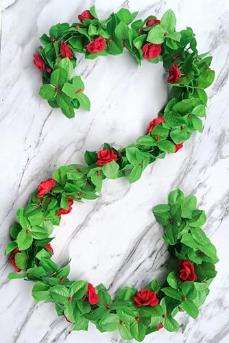 Image of VRB Dec 1 Pcs Artificial Flowers Vine Blossom /Roses Garland Fake (6 ft) Flowers Fabric Roses /Blossom Garland for Wedding Decor Diwali /Ganpati /Garden Wall Valentine (Red Rose Leaf Garland)