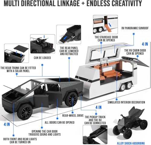 Image of 1:32 Scale Die-Cast Tesla CyberTruck with Pick-Up Trailer with 6 Openable Doors Pull Back Toy Car with Lights & MusicToy Car Gift for Kids (1:32 Cybertruck Trailer - Random Color)