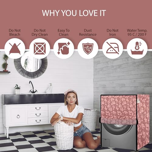 Image of Waterproof & Dustproof Top Front Load Washing Machine Cover for 6 kg 6.5 kg 7kg & 7.5 kg Compatible for IFB LG Samsung Whirlpool Bosch Haier (LEAF PEACH)