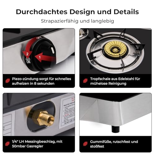 CAMPLUX TC03GB 3 Flammig Glas Gaskochfeld/ 6,25 kW LPG Gaskocher/Tragbar Campingkocher für Camping/ 72,5cm/ 50mbar Gasregler – Bild 3