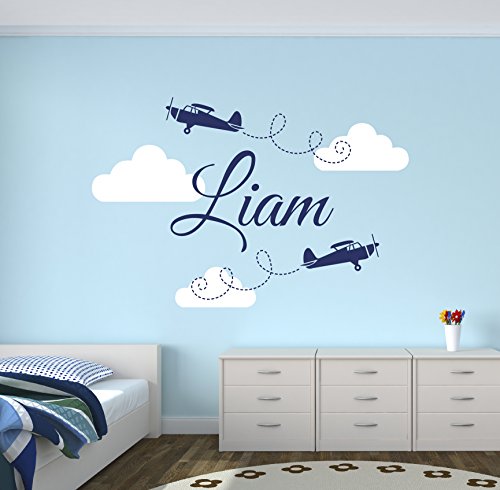Custom Airplanes Name Wall Decal - Baby Boy Room Decor - Nursery Wall Decals - Airplanes Clouds Wall Decal Vinyl Sticker for Boys