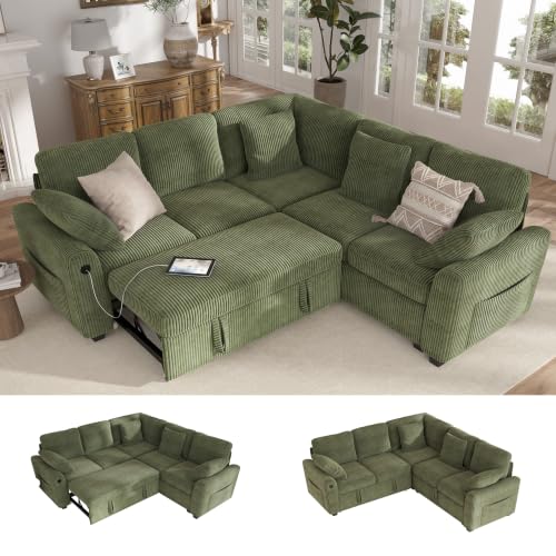 Image of Hanherry Sectional Couch with Pull Out Sofa Bed,Corduroy Sleeper Sofa with 2 Seat Storage & USB Charging,Comfy L Shaped Modular Couches for Living Room,Apartment