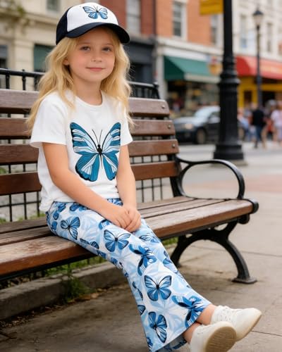 Image of OLMRJKD Kid Toddler Girl Clothes Outfits Short Sleeve Butterfly Top Flared Leg Pants Summer Clothing Set