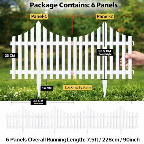 Image of Garden Fence Decorative Interlocking Plastic Border Panels (6 Panels,7.5ft Length) White Weather Resistant Outdoor Garden Edging Fence with Locking System for Lawn, Plants, Pathway & Flower Beds