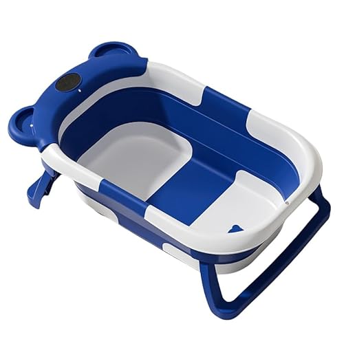 HIYOKU ベビーバスタブ 赤ちゃん風呂桶 折りたたみ式 温度表示付き 沐浴ベビーバス 滑り止め付き ベビーバスタブ 新生児~幼児用 寝かせ洗い/座り洗い両用 収納便利 頑丈設計 TPU+PP素材 マット付き (ダークブルー,感温機能なし)